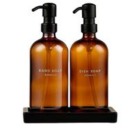 Maisonovo Set dispenser per sapone da cucina Set dispenser per sapone per mani e piatti con vassoio da bagno in ceramica fatto a mano e 16etichette impermeabili Bottiglie in vetro ambrato e pompe nere