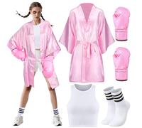 Maiteenly Set di 5 boxer per Halloween, da donna, rosa, con guantoni da boxe, fascia in raso, vestaglia, calzini e pittura per il viso, per Halloween e cosplay, Rosa, Bianco, Nero, 35 inches long, 50