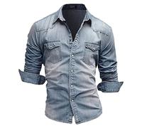 Maiyifu-GJ Camicia da uomo a maniche lunghe in denim casual abbottonata Western Regular Fit camicie slim fit camicia jeans lavato, Azzurro chiaro, XL