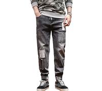 Maiyifu-GJ Jeans da uomo con toppe strappate, vestibilità aderente, gamba dritta, stile hip hop, pantaloni in denim affusolati, vintage, effetto invecchiato, jeans skinny (grigio, XL)