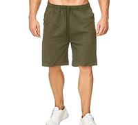 Maiyifu-GJ Pantaloncini corti da uomo, in lino, casual, vestibilità classica, con elastico in vita, con coulisse, estivi, da spiaggia, corsa, lounge (verde militare, L)