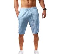 Maiyifu-GJ Pantaloncini da uomo in lino, casual, vestibilità classica, estivi, leggeri, elastici in vita, con coulisse, per allenamento, palestra, yoga (azzurro, L)