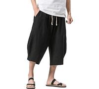 Maiyifu-GJ Pantaloni Capri da uomo in lino e cotone, con coulisse, gamba larga, pantaloni a 3/4 sotto il ginocchio, vestibilità larga, pantaloncini estivi da spiaggia (nero, M)