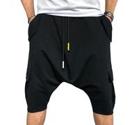 Maiyifu-GJ Pantaloni da jogging larghi da uomo con cavallo basso a 3/4, stile hippie, harem, pantaloni capri, multitasche, cavallo basso, pantaloni della tuta da yoga, Nero, L