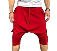 Maiyifu-GJ Pantaloni da jogging larghi da uomo con cavallo basso a 3/4, stile hippie, harem, pantaloni capri, multitasche, cavallo basso, pantaloni della tuta da yoga, Rosso, L