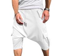 Maiyifu-GJ Pantaloni da jogging larghi da uomo con cavallo basso a 3/4, stile hippie, harem, pantaloni capri, multitasche, cavallo basso, pantaloni della tuta da yoga, Bianco, L