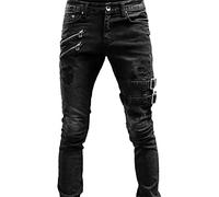 Maiyifu-GJ - Pantaloni da uomo motociclista distressed biker jeans strappati punk gotici con cerniera in denim jeans hip hop a gamba affusolata slim fit, Nero , L