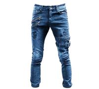 Maiyifu-GJ - Pantaloni da uomo motociclista distressed biker jeans strappati punk gotico con cerniera in denim hip hop a gamba affusolata slim fit, Blu, M