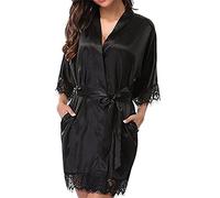 Maiyifu-GJ Vestaglia in raso con cintura in pizzo da donna, scollo a V, camicia da notte corta stile kimono, lingerie sexy per indumenti da notte, Nero, XXL