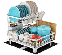 MAJALiS Scolapiatti da Appoggio 2 Livelli, Scolapiatti con Vassoio Antigoccia, Gocciolatoio in Acciaio Inox con Portabicchieri e Tagliere, per Lavello da Cucina, Bianco