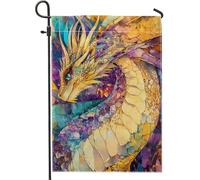 Majestic - Bandiera da giardino con drago fantasy, decorazione vibrante oro e viola, decorazione per prato all'aperto tutto l'anno, striscione artistico su entrambi i lati, per casa e giardino, 30,5 x