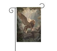 Majestic - Bandiera da giardino con leone alato su rocce, 30 x 45 cm, verticale, double face, decorazione per esterni