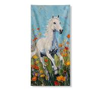 Majestic - Copertura per porta con cavallo bianco, design colorato con campo floreale per primavera, striscione decorativo per interni ed esterni, decorazione per festival con fiori selvatici vivaci