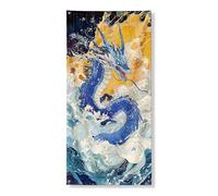 Majestic - Copertura per porta con drago blu, motivo artistico ad acquerello con onde oceaniche, arte stagionale per ingresso casa, vivace sfondo per interni ed esterni, 91 x 183 cm