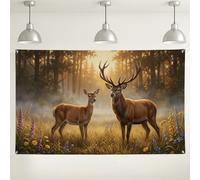 Majestic Deer Forest Landscape Rustic Sfondo Banner 180 x 109 cm | Paesaggio della foresta nebbiosa, sfondo fotografico, luce solare dell'ora dorata, tema bosco rustico