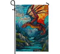 Majestic Dragon - Bandiera da giardino con drago, decorazione fantasia rossa vivace, double face, stile vetro colorato, decorazione per esterni, ideale per l'autunno e l'estate, 30,5 x 45,7 cm