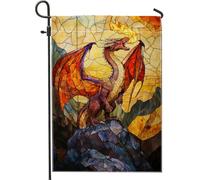 Majestic Dragon - Bandiera da giardino con drago, in vetro colorato rosso fuoco, decorazione per esterni, bandiera su entrambi i lati per prato, decorazione per la casa a tema fantasia, 30,5 x 45,7 cm