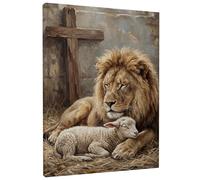 Majestic - Tela artistica da parete con leone e agnello, con toni della terra, decorazione per la casa ispiratrice per soggiorno, camera da letto, ufficio, tela avvolta 40,6 x 50,8 cm