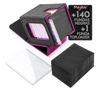 Majillux Deck Box Porta Mazzo con 140 Bustine Nere e 1 Toploader | Capacità 100-140 Carte Imbustate o 200-230 Senza Bustina | Bustine 6,6 x 9,1 cm | Finestra Frontale