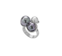 Majorica 12198.18.2.913.010.1 Women's Ring - Rhodium-Plated Silver, 9-12mm White & Grey Pearls, Triple Cluster Design, Size 18