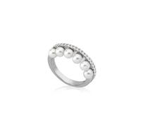 Majorica 16048.01.2.915.010.1 Women's Ring - Rhodium-Plated 925 Silver, 6mm White Pearls, Zirconia Accents, Size 15