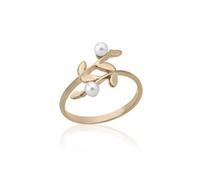 Majorica 16153.01.1.913.010.1 Women's Ring - Gold-Plated Silver, Dual 4mm White Pearls, Leaf Design, Size 17