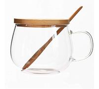MAJUN Tazza da caffè Creativa in Vetro borosilicato Alto con Cucchiaio e Coperchio in Legno, Tazza d'Acqua Trasparente Resistente al Calore, Che è rispettosa dell'ambiente e Sana