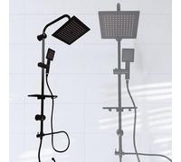 MAKA Colonna Doccia con Soffione e Doccetta a Pioggia senza Miscelatore Moderno in Alluminio e PVC Set Bagno con Porta Sapone e Shampoo Saliscendi Kit Accessori Inclusi (Quadrato Nero Mat)
