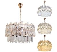 MAKA Lampadario di Cristallo a Sospensione Moderno Dorato con 11 Portalampada E14 max 40 watt per Lampadina Elegante Lampada Soggiorno Cucina 40 Cristalli in Vetro Pendenti Trasparenti (Cristalli)