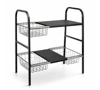 MAKA Scaffale Sottolavello Organizer Telescopico per Cucina, Acciaio Verniciato Nero Opaco, Regolabile 48-84 cm, 3 Cestelli e Ripiani, 48x24,5 cm (A)