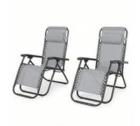 MAKA |SET X2 | Sdraio da Giardino, Sedia Sdraio da Esterno Pieghevole, Lettino Prendisole da Giardino, Sedia da Spiaggia Pieghevole Portatile, Telaio Acciaio, Braccioli PVC, Tessuto Rete (Grigio)