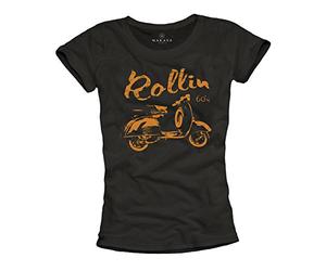 MAKAYA Maglette Donna Vintage - Rollin 60's - T-Shirt Hippie Nera M