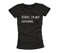 MAKAYA Magliette con Scritte Divertenti in Inglese Sorry I'm Not Listening T-Shirt con Frasi Donna Nera L