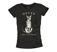MAKAYA Never Trust A Smiling Cat - Maglietta Nera - T-Shirt Gatto Donna