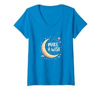 Make A Wish Whimsical Moon Stars Night Sky, Compleanno Ragazza Maglietta con Collo a V, Donna, Zaffiro, M