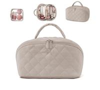 Makeup Bag for Women, 180° Lay-Flat Large Puffy Makeup Organizer, Water-Resistant Festivalment Cosmetic Case With Handle Brush Compartment (Khaki)