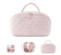 Makeup Bag - Leather Makeup Bag for Woman, 6 Colors, Open Flat Toiletry Bags with Divider and Handle, Waterproof Large Capacity (Pink)