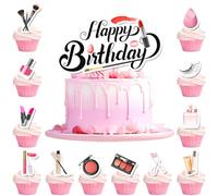 Makeup Decorazioni per Torte, 24 Pcs Decorazioni per Cupcake Cosmetici + 1 Pcs Cake Topper Tema Makeup per Festa di Compleanno a Tema Trucco & Festa del Trucco
