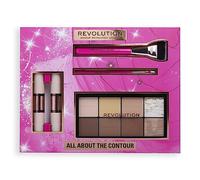 Makeup Revolution London All About The Contour Gift Set Cofanetti palette per il contouring Ultra Contour Palette 16 g + correttore Fast Base Contour Stick 1 ks Medium + correttore Fast Base Contour Stick 1 ks Dark + pennello Create Defining Contour Brush R10 1 ks + pennello Create Flat Blending Contour Brush R22 1 ks