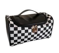 Makeup Organizer Bag, Waterproof Makeup Pouch, Checkboard Plaid Bag, Zipper Cosmetic Pouch Makeup Storage Organizer PU Leather Pouch Cosmetic Bag Handle Powder Brush Holder, Nero , Se référer au