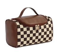 Makeup Organizer Bag, Waterproof Makeup Pouch, Checkboard Plaid Bag, Zipper Cosmetic Pouch Makeup Storage Organizer PU Leather Pouch Cosmetic Bag Handle Powder Brush Holder, marrone scuro, Se référer