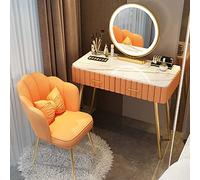 Makeup Vanity Table Set with 3 Color Lighted Mirror Cushioned Stool and Solid Wood Partition Storage Ideal Vanity Desk for Bedroom Women's Gift Orange Chair 80cm/31.5in Size