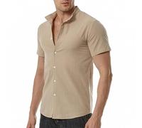 MakingDa Camicia da uomo in cotone e lino estivo casual con colletto a fascia intelligente con bottoni a maniche corte da spiaggia, cachi, XL