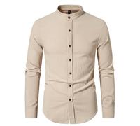 MakingDa Camicia da uomo in cotone e lino, vestibilità dritta, a maniche lunghe, stile casual, con bottoni, cachi., XXL