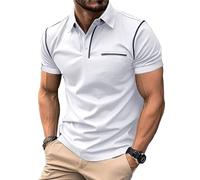 MakingDa Polo Uomo Manica Corta Tasche Finte Bottoni Solido Scollo a V Solido Informale Estate Polo Colletto Camicia Corsa Muskel Regolare Leggero Lavoro Sportivo Maglia Corta Uomo Bianco M