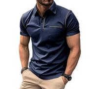 MakingDa Polo Uomo Manica Corta Tasche Finte Bottoni Solido Scollo a V Solido Informale Estate Polo Colletto Camicia Corsa Muskel Regolare Leggero Lavoro Sportivo Maglia Corta Uomo Blu L