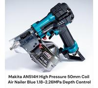Makita AN514HM Blu Alta Pressione 50mm Bobina Chiodatrice Regolazione Profond...