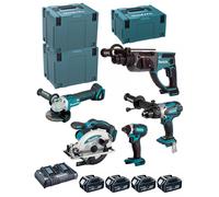 MAKITA Kit DLX5039PTJ (DHP458 + DHR202 + DGA504 + DSS610 + DTD152 + 4 x 5,0 Ah + DC18RD + MAKPAC 3 + 2 x MAKPAC 4)