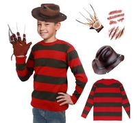 Makoike 4 pezzi costume da Freddy Krueger per bambini maglione a righe zombie cicatrice adesivo guanto Freddy cappello da cowboy costume di Halloween puntelli