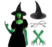 Makoike Accessori per costume da strega malvagia Elphaba, cappello da strega, guanti con artigli verdi, occhiali, calzini, accessori per Halloween e cosplay (3 pezzi)